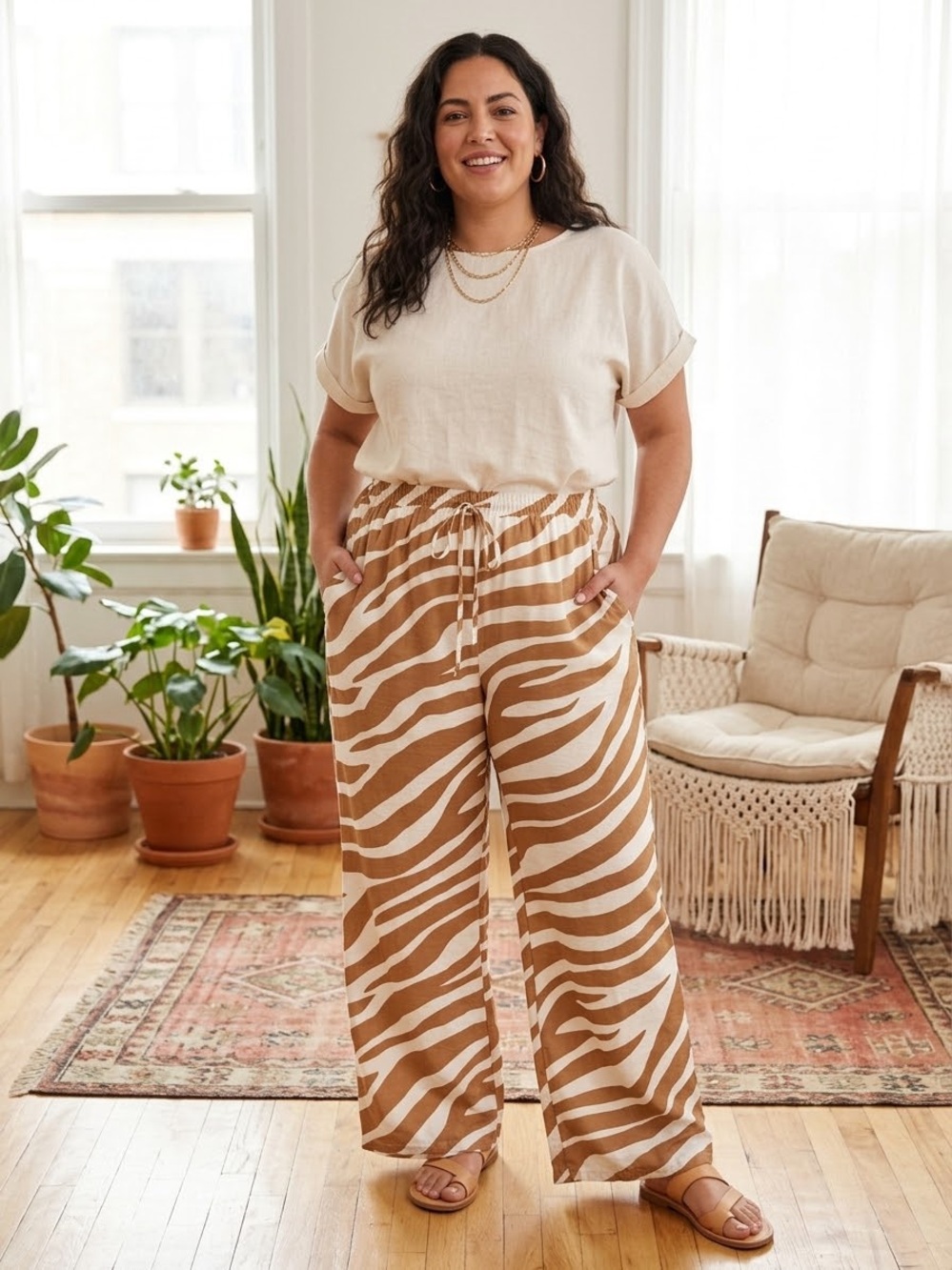 Runaway Relaxed Wide-Leg Zebra Print Pants - Cream & Brown size xl